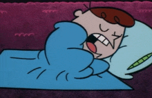 a cartoon character is sleeping in a bed with a blue blanket and pillow .