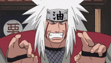 a cartoon character with white hair and a headband with chinese characters on it