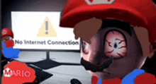 a cartoon of mario sitting in front of a computer with a sign that says no internet connection