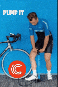 a man pumping a bicycle tire with the words pump it written above him