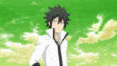 a cartoon character with black hair and a white jacket stands in front of a green sky