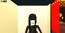 a girl in a black hat is smiling in a room