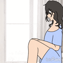 a drawing of a woman sitting in front of a window with ibispaint written on the bottom