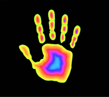 a rainbow colored hand print with a black background