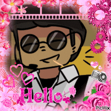 a picture of a man wearing sunglasses and a headset with the word hello in pink