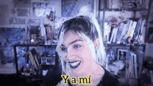 a woman with a ponytail is smiling and says yami in yellow letters