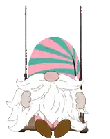 a gnome wearing a pink and blue hat is sitting on a swing .