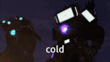 a black robot with purple eyes and the word cold on it