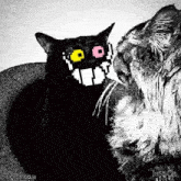 a black cat with a pixelated face is standing next to a white cat