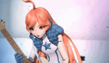 a girl with red hair and a blue star on her chest is holding a guitar