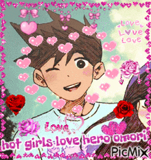 a picture of a boy and a girl with the words " hot girls love hero omori " on the bottom