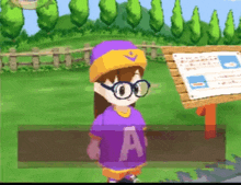 a cartoon character wearing a purple shirt with the letter a on the front