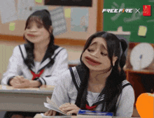 a girl in a school uniform is sitting at a desk in front of a sign that says free fire