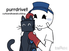 a drawing of a man holding a black cat with the words purrdrive written above it