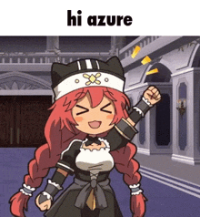 a cartoon girl with red hair is standing in front of a building with her fist in the air and says hi azure