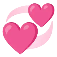 two pink hearts on a white background with a crescent moon in the background