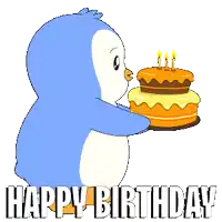 a blue penguin is holding a birthday cake with candles and the words happy birthday below it