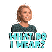 a sticker of a woman with her mouth open and the words " what do i wear "