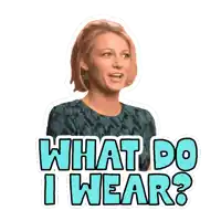 a sticker of a woman with her mouth open and the words " what do i wear "