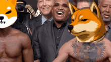 a man with a tattoo on his chest is surrounded by a group of men with doge faces on their faces