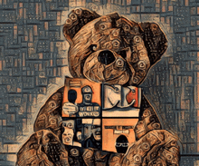 a painting of a teddy bear holding a book that says " what a waste "