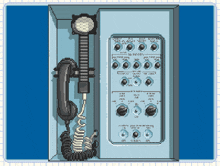a pixel art drawing of a telephone and a control panel with the letters a and b on it