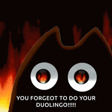 a picture of a cat with flames and the words " you forgot to do your duolingo !!! "