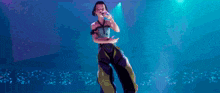 a cartoon girl is singing into a microphone on a stage .