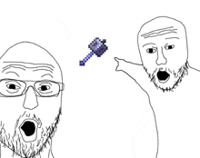 a black and white drawing of a man with a beard pointing at a pixel axe