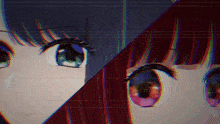 a girl with blue eyes and a girl with red hair are looking at each other