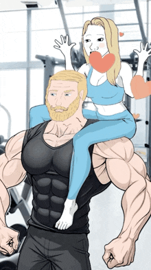 a man with a beard is carrying a woman on his shoulders