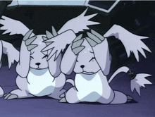 two cartoon characters covering their eyes with their wings