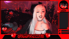 a woman with a choker and a microphone in front of a chat screen that says queenfoxxus