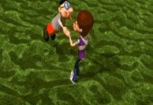 two cartoon characters are hugging each other on a grassy field