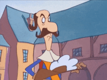 a cartoon character with a mustache is standing in front of a building with a blue roof
