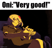 a cartoon of a girl sitting in a chair with the words " oni : very good " written above her