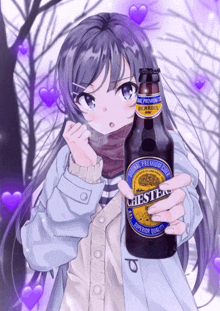 a girl is holding a bottle of chesters premium lager