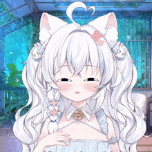 a girl with white hair has a cat ear and a bell around her neck