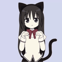 a black haired anime girl with cat ears and a cat tail