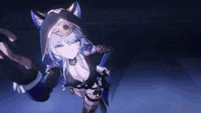 a girl with cat ears and a hood holding a sword