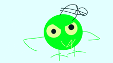 a drawing of a green circle with arms and legs and a hat