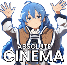 a poster for absolute cinema with a blue haired girl