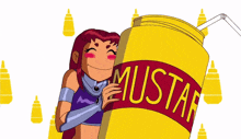 a cartoon girl is hugging a mustard container with a straw