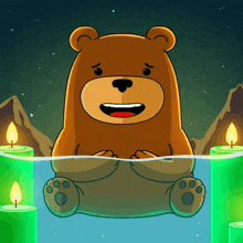 a cartoon bear is sitting in a pool of water surrounded by candles