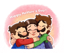 a happy mother 's day greeting card with mario and luigi hugging their mom