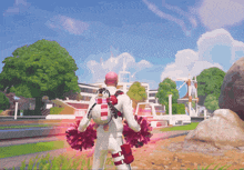 a cheerleader in a video game with a penguin on his back