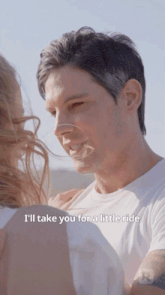 a man and a woman are looking at each other and the man is saying " i 'll take you for a little ride "