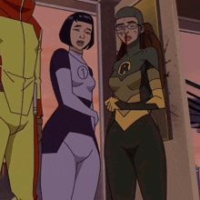 a woman in a superhero costume with the letter r on her chest is hugging another woman