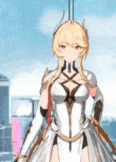 a girl with blonde hair and a white dress is standing in front of a skyscraper