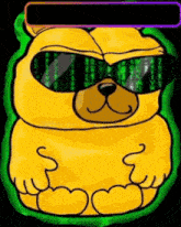 a cartoon of a yellow teddy bear wearing sunglasses and a matrix background .